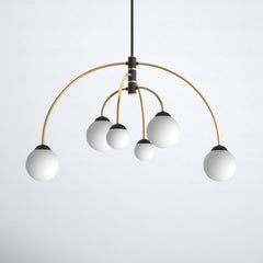 Chandelier with 6 Frosted Glass Shades in Matte Black and Brass