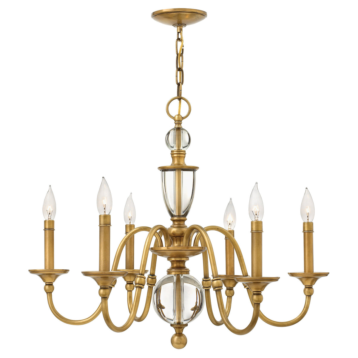 Chandelier with 6 Lights and Crystal Center Column, Brass