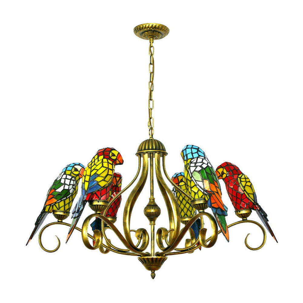 Chandelier with 6 Lights and Stained Glass Parrot Shade in Multicolor