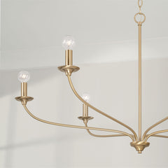 Chandelier with 6 Lights and White Fabric Drum Shades in Matte Brass