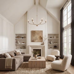 Chandelier with 6 Lights and White Fabric Drum Shades in Matte Brass