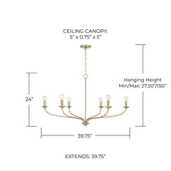 Chandelier with 6 Lights and White Fabric Drum Shades in Matte Brass