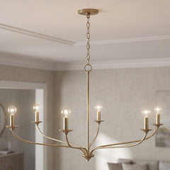 Chandelier with 6 Lights and White Fabric Drum Shades in Matte Brass