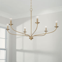 Chandelier with 6 Lights and White Fabric Drum Shades in Matte Brass
