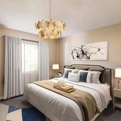 Chandelier with 8 Lights, 2 Tiers, Gold Iron Leaf Shade