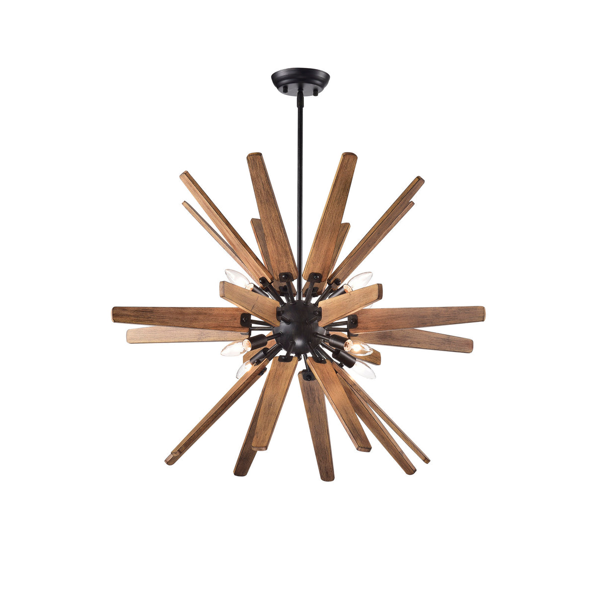 Chandelier with 8 Lights in Antique Black Metal and Brown Wood