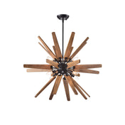 Chandelier with 8 Lights in Antique Black Metal and Brown Wood