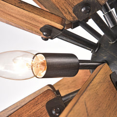 Chandelier with 8 Lights in Antique Black Metal and Brown Wood