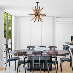 Chandelier with 8 Lights in Antique Black Metal and Brown Wood