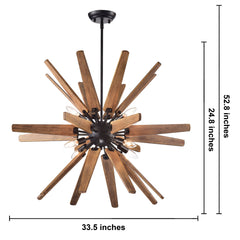 Chandelier with 8 Lights in Antique Black Metal and Brown Wood