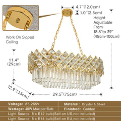 Chandelier with 8 Lights in Bright Gold Iron and Crystal