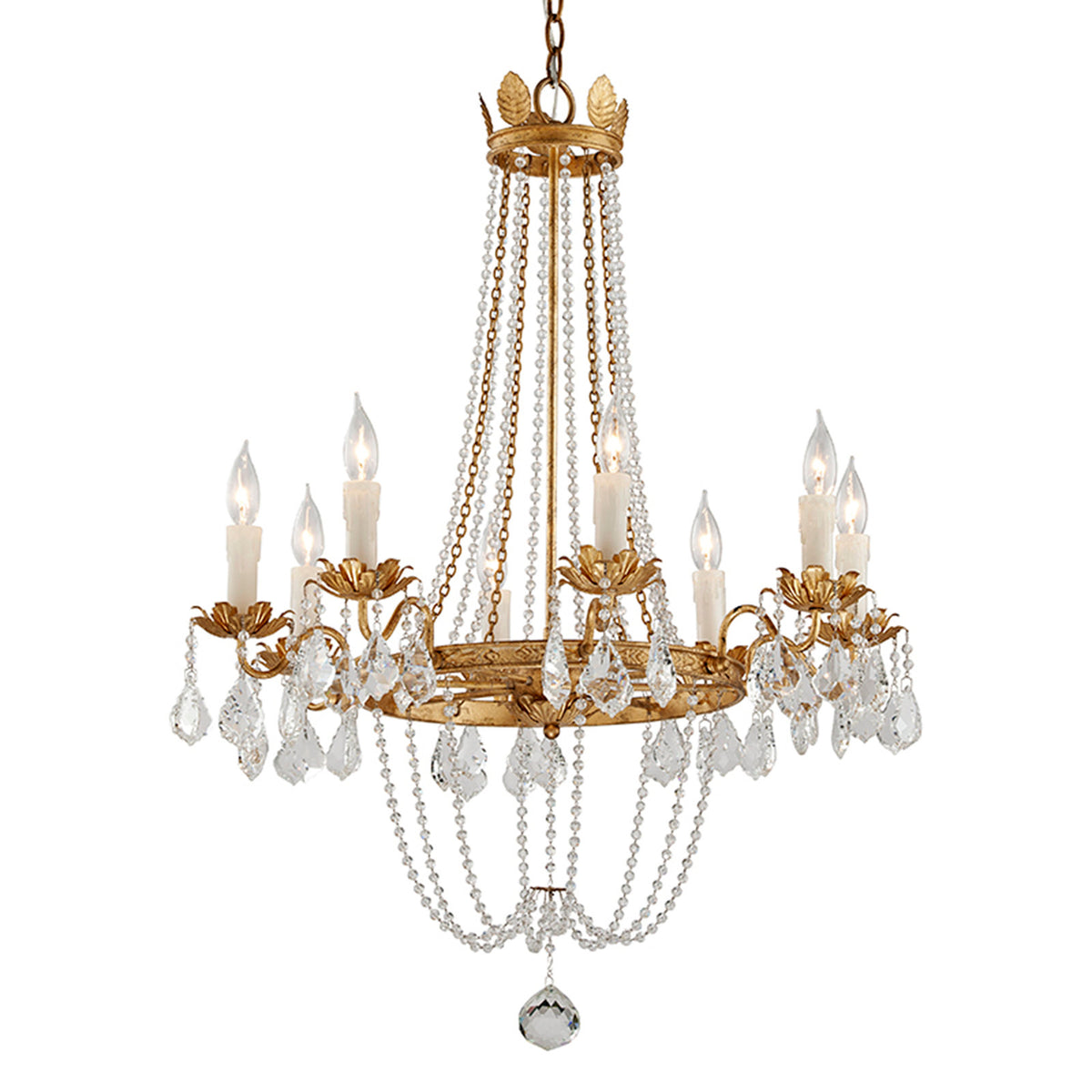 Chandelier with 8 Lights in Clear Venetian Glass and Distressed Gold Iron