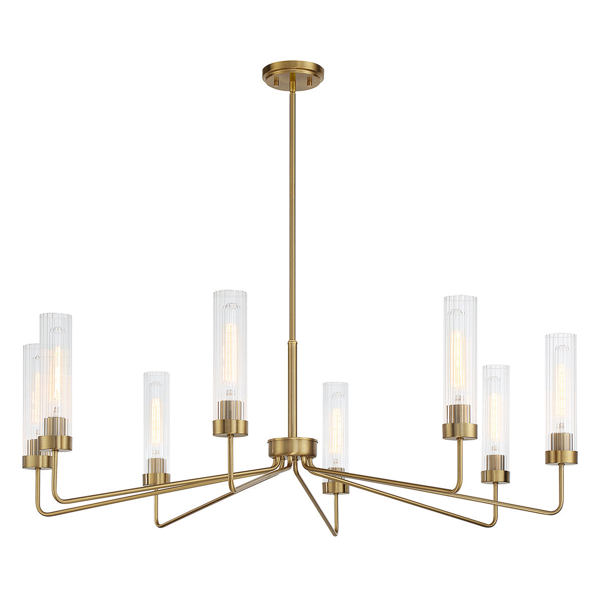 Chandelier with 8 Lights in Warm Brass Metal and Clear Ribbed Glass