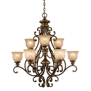 Chandelier with 9 Lights, Bronze Metal Frame and Amber Glass Shades