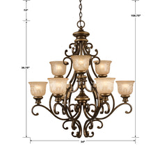 Chandelier with 9 Lights, Bronze Metal Frame and Amber Glass Shades