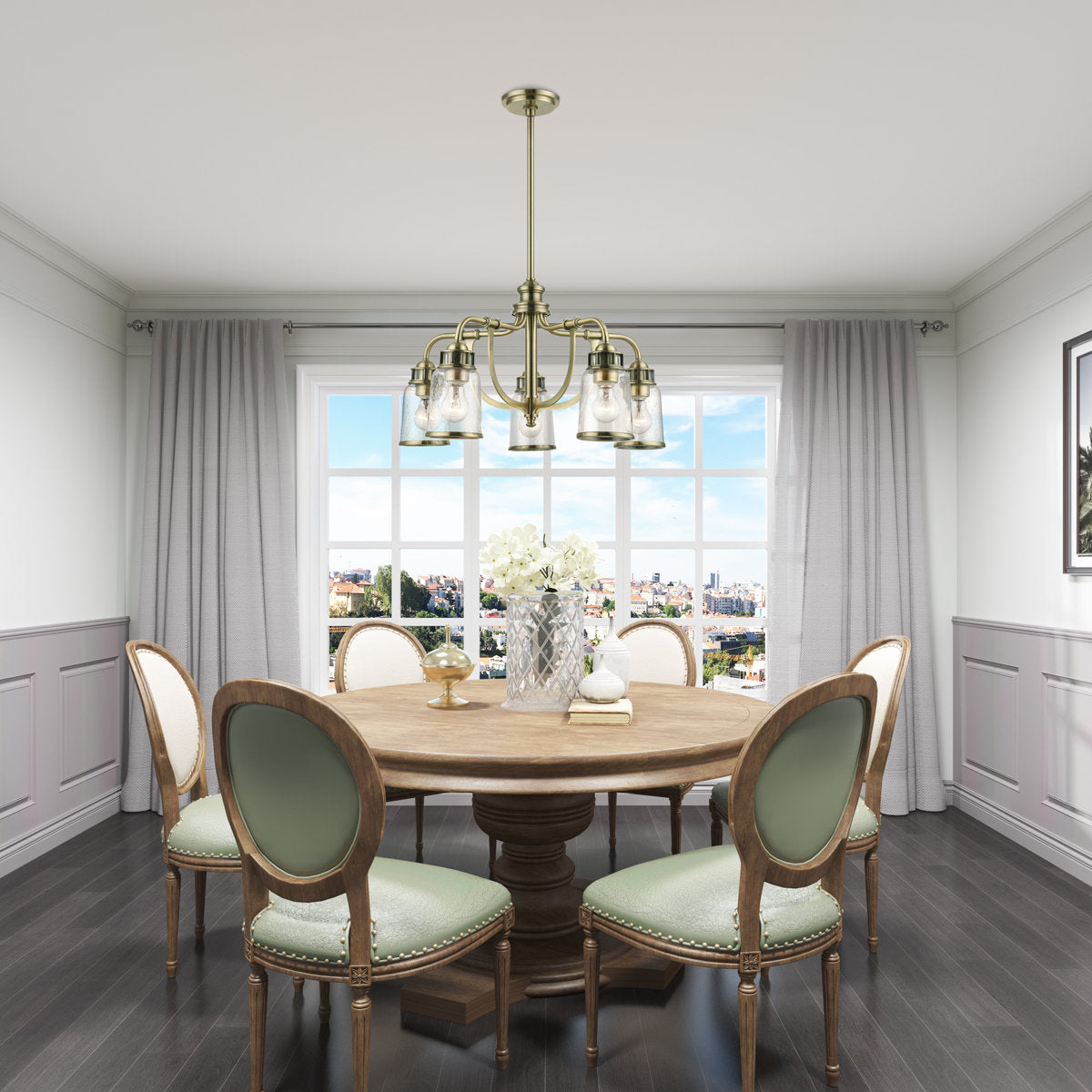 Chandelier with Five Seeded Glass Bell Shades and Steel Frame