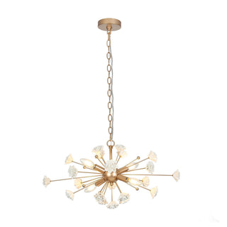 Chandelier with Matte White Porcelain Flowers and Gold Leaf Metal Frame