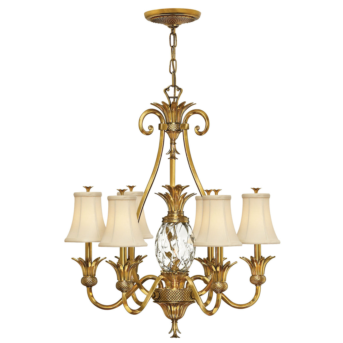 Chandelier with Seven Ivory Silk Shades in Burnished Brass