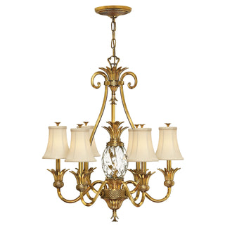 Chandelier with Seven Ivory Silk Shades in Burnished Brass
