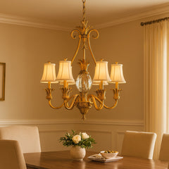 Chandelier with Seven Ivory Silk Shades in Burnished Brass