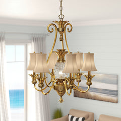 Chandelier with Seven Ivory Silk Shades in Burnished Brass