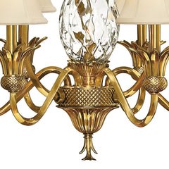 Chandelier with Seven Ivory Silk Shades in Burnished Brass