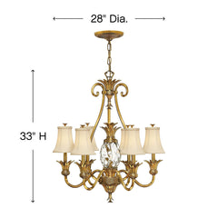 Chandelier with Seven Ivory Silk Shades in Burnished Brass