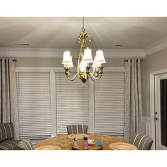 Chandelier with Seven Ivory Silk Shades in Burnished Brass