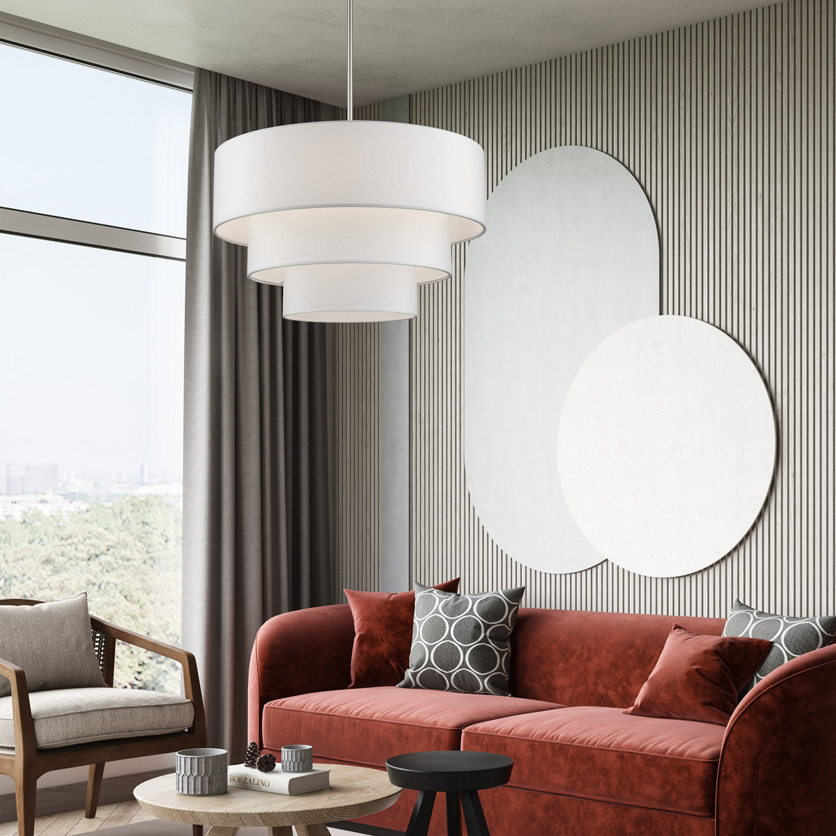 Chandelier with White Linen Blend Shade and Metal Fixture