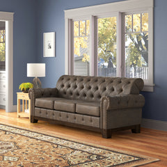 Chesterfield Sofa, Brown Microfiber, Button Tufted, Nailhead Trim, Pine Frame