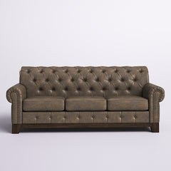 Chesterfield Sofa, Brown Microfiber, Button Tufted, Nailhead Trim, Pine Frame