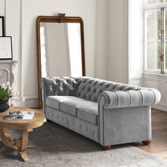 Chesterfield Sofa in Gray Velvet with Rolled Arms and Brown Wood Legs