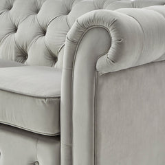 Chesterfield Sofa in Gray Velvet with Rolled Arms and Brown Wood Legs