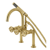 Clawfoot Tub Faucet, Webb, Three-Handle Deck Mount with Hand Shower in Brushed Brass