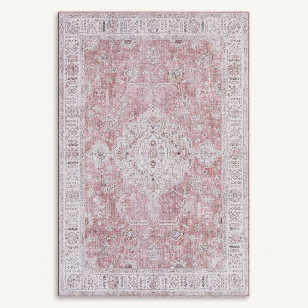 Full rug | distressed rose field inside a wide ivory floral border