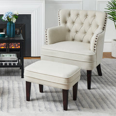 Club Chair and Ottoman in Beige Polyester Blend with Brown Legs
