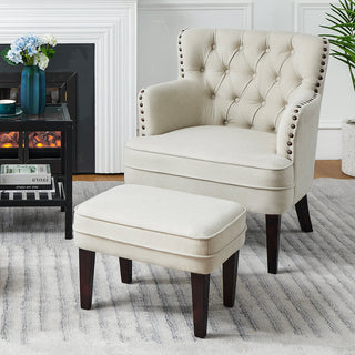 Club Chair and Ottoman in Beige Polyester Blend with Brown Legs
