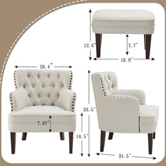 Club Chair and Ottoman in Beige Polyester Blend with Brown Legs