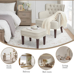 Club Chair and Ottoman in Beige Polyester Blend with Brown Legs