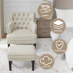 Club Chair and Ottoman in Beige Polyester Blend with Brown Legs