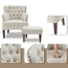 Club Chair and Ottoman in Beige Polyester Blend with Brown Legs