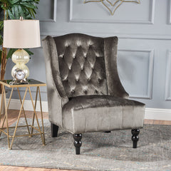 Club Chair, Gray Polyester with Birch Wood Legs