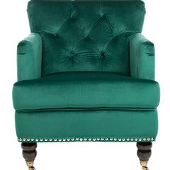 Club Chair with Green Velvet Upholstery and Wood Legs