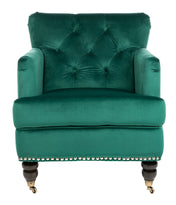 Club Chair with Green Velvet Upholstery and Wood Legs