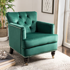 Club Chair with Green Velvet Upholstery and Wood Legs