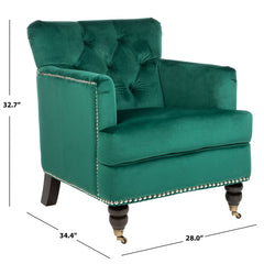 Club Chair with Green Velvet Upholstery and Wood Legs