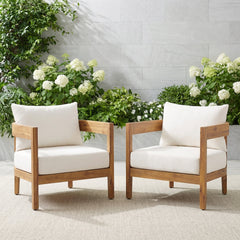 Club Chairs, Set of 2, Acacia Wood with Beige Cushions