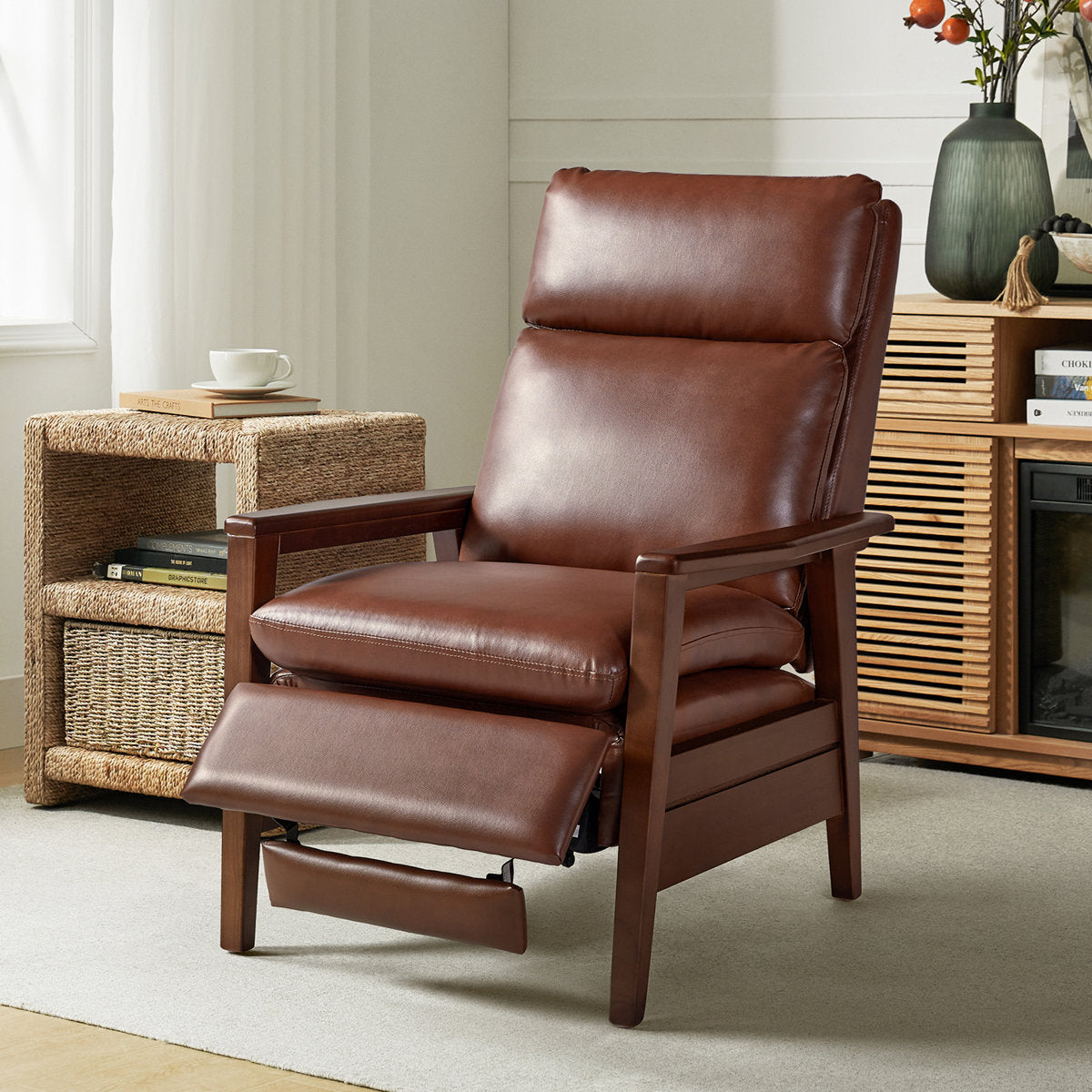Club Recliner, Brown Faux Leather with Solid Wood Legs