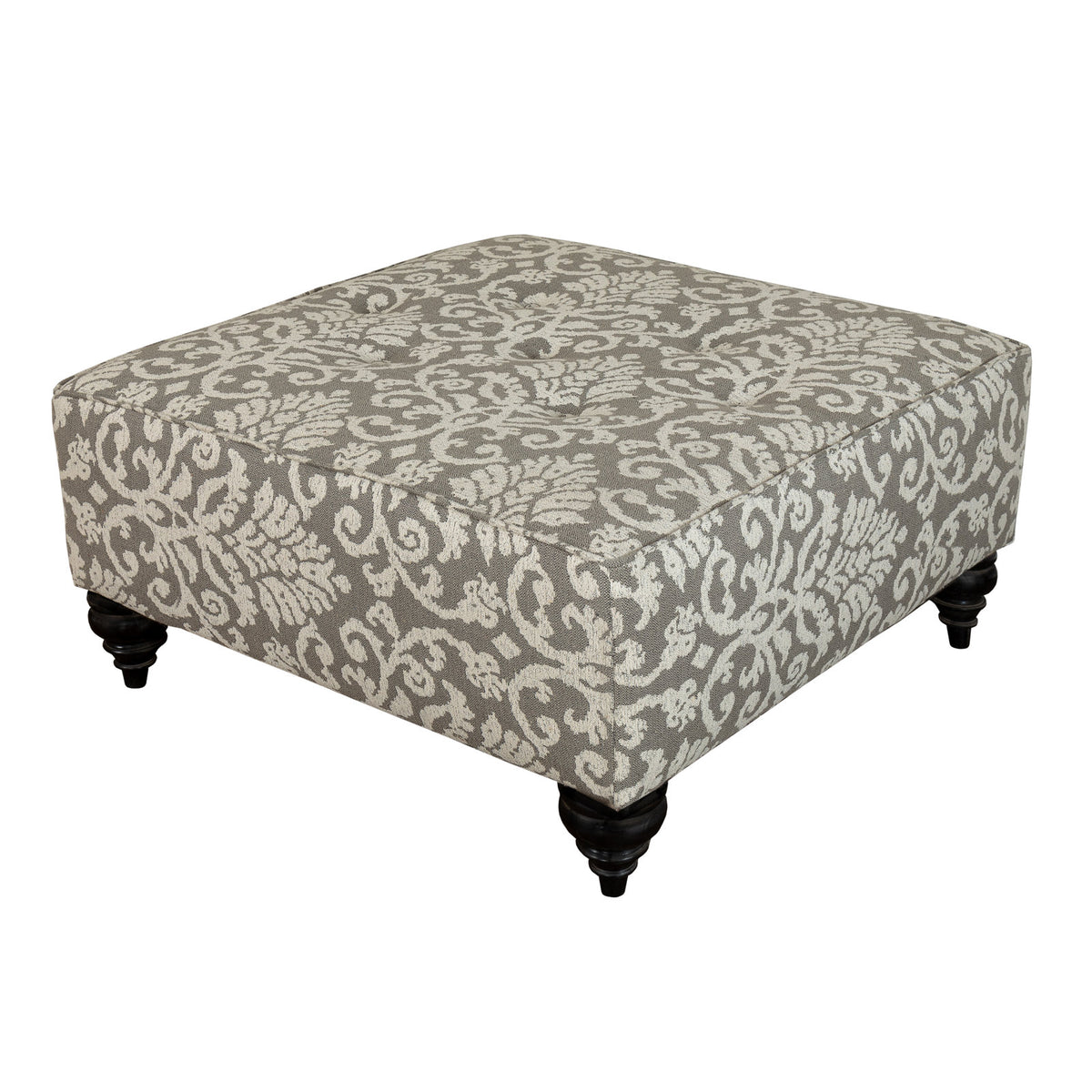 Cocktail Ottoman, 35 in Square, Gray/White Paisley with Black Legs