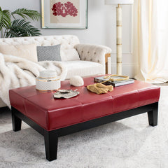 Cocktail Ottoman in Tufted Red Faux Leather with Black Wood Legs